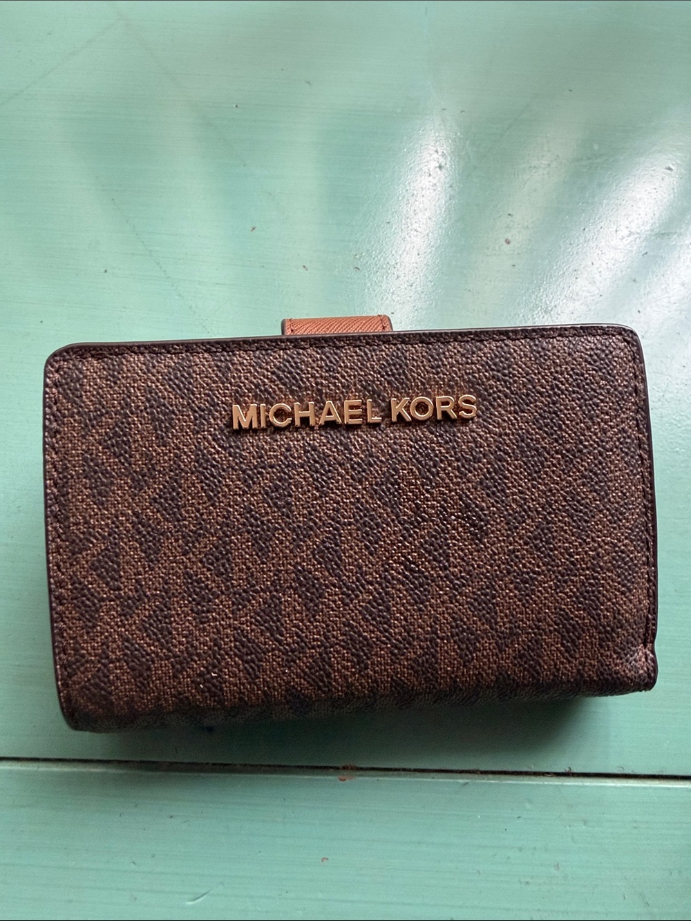 Michael Kors Brown Signature Logo Wallet with Gold Tone Hardware